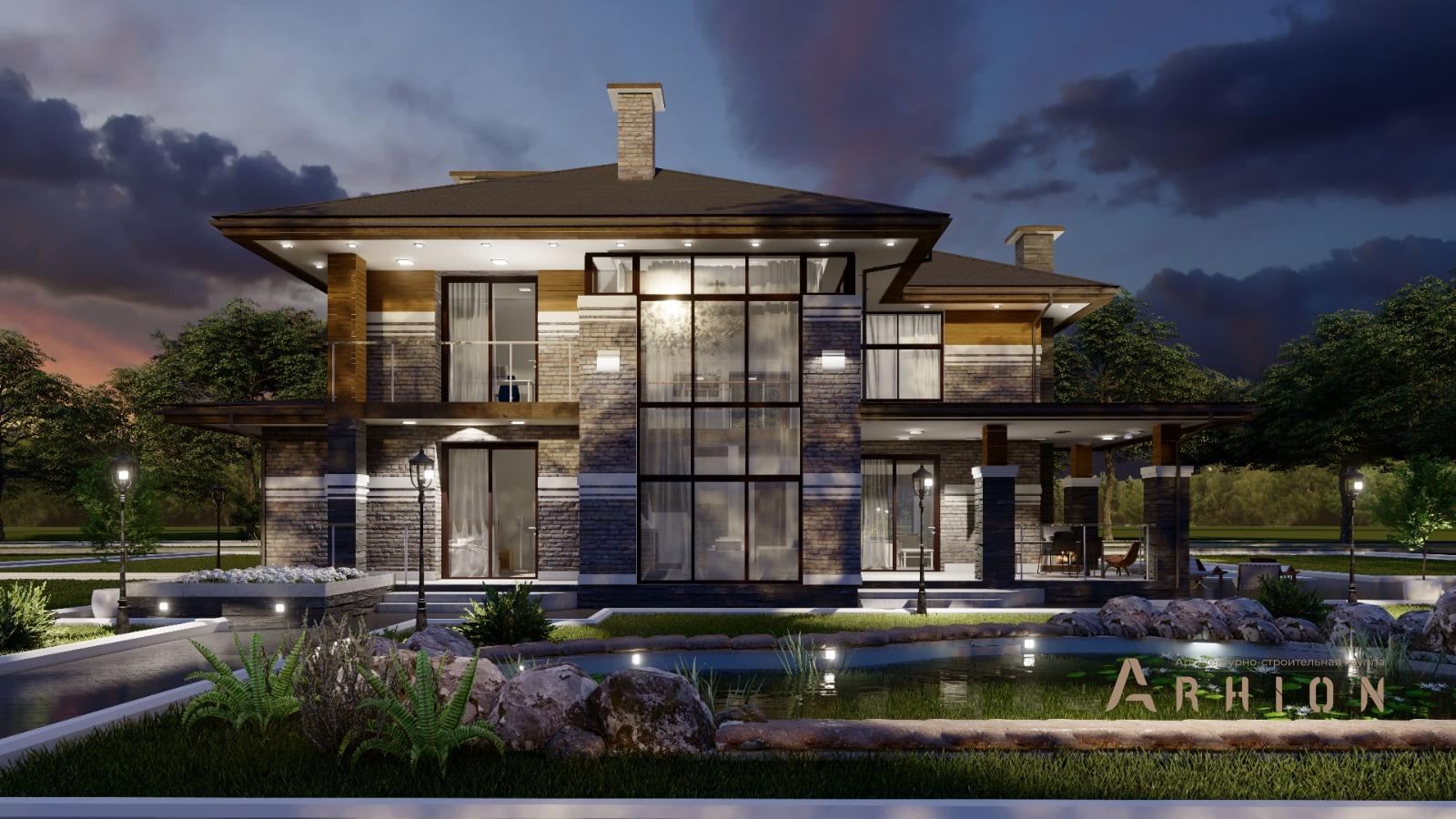 7. Проект двухэтажного дома в стиле Ллойда Райта (прерий) с многоскатной кровлей, H-1516, площадью - 466 кв c цокольным этажом, терассой, балконом, гаражом, вторым светом